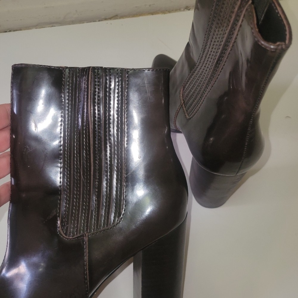 Pour La Victoire Chocolate Brown Patent Leather Boots Minimalist Western Cowboy - Picture 5 of 7